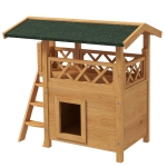 PawHut Kattenhuis Kattenhut Huisdierhut, met dak van asfalt, 2 verdiepingen, 1 ladder, natuurlijk + groen