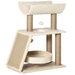 PawHut Krabpaal Kattenboom, inclusief speelgoed en kattenbed, 60 cm x 30 cm x 76 cm, Crème + Natuur