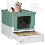 PawHut Caixa de Areia para Gatos Dobrável Caixa de Areia para Gatos Fechada com Bandeja Removível e Pá 47,5x35,5x36,7cm Verde