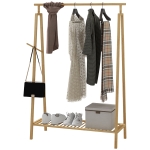 HOMCOM Suport pentru Haine din Bambus cu Șină Suspendată, Raft de Depozitare a Pantofilor și Cuier Lateral, 110x42x152 cm, Natural