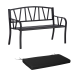 Outsunny 2-Seater Garden Bench with Cushion, Metal Loveseat, Slatted Outdoor Park Chair with Decorative Backrest and Armrest, Black