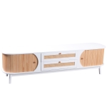 Meuble TV mobile rustique en rotin avec portes et tiroirs, Blanc