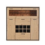 Crédence Élégante avec Double Portes, Étagère en Verre, Porte-bouteilles et Lumière LED à 15 Couleurs, Bois naturel