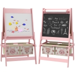 AIYAPLAY 3-in-1 Kinderstaffelei met Papierrol, Krijtbord, Whiteboard, Opbergmanden, 54 x 46,5 x 93 cm, Roze