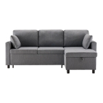 L-Shaped Linen Look Corner Sofa Bed with Storage, 3 Seater Pull-Out Convertible Settee with Cup Holders and Magazine Pockets, 212x141x87.5 cm, Grey