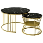 Set of 2 Nesting Coffee Tables with Marble Pattern Top, Gold Metal Frame, Side Tables for Living Room, 70x70x45 cm and 45x45x40 cm, Black