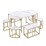 Modern Luxury Rattan 6 Seater Dining Table Set with Six Chairs, MDF Seat Cushions and Gold-Plated Iron Frames, Gold
