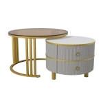 Runder Couchtisch MDF Metallbeine mit Schubladen für Wohnzimmer Gold+Grau