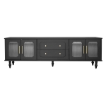 Meuble TV Mobile au Style Rétro avec Poignées Dorées, Grand Espace de Rangement, Porte en Verre et Pieds en Bois Massif, 175x38x55,5 cm, Noir
