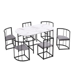 Modern Rattan 6 Seater Garden Dining Table Set with Backrest Chairs and Cushions, Black Iron Frame, 140x80x76 cm, Black