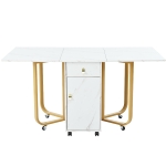 Folding Extendable Dining Table with Cupboard and 2 Drawers, Space-Saving Utility Table with Castors and Adjustable Legs, White/Gold
