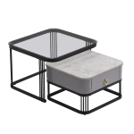 Ensemble de 2 Tables Basses Gigognes avec Plateau en Marbre Brillant et Verre, Structure en Métal et Tiroirs, 60x60x42 cm + 50x50x34 cm, Noir