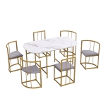 Six-Chair Dining Table Set, Modern Dining Table and Chairs with Backrests and Upholstery, Gold Iron Frame, 140x80x76 cm, Gold
