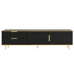 Meuble TV Bas Scandinave avec Texture Sculptée, Poignées et Pieds Dorés, Structure Effet Marbre pour Salon, 175x40x45 cm, Noir
