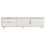 Meuble TV Bas avec Texture Sculptée, Poignées et Pieds Dorés, Structure Effet Marbre pour Salon, 175x40x45 cm - Style Scandinave, Blanc