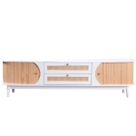 TV-Schrank im Landhausstil mit Rattanseiten, Türen und Schubladen aus Massivholz, Weiß