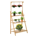 Outsunny Étagère à Fleurs Supports de Pots Porte Plante en Bois de Bambou 3 niveuax + Barre Support pour Pots Suspendus pour Intérieur Balcon Jardin Terrasse