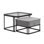Set of 2 Marble Coffee Table with Black Legs and Drawers, Nesting Coffee Table with High-Gloss Tabletops, 60x60x42 cm+50x50x33.5 cm, Black