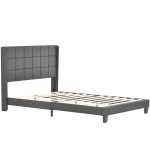 Lit Double de Style Classique, Tête de Lit Rembourrée et Sommier à Lattes, en Lin, sans matelas, 140x200 cm, Gris