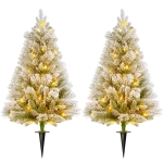 HOMCOM LED-Verlichte Kerstboom, Set van 2, 90 cm, Dennenappels, Rode Bessen, Brandveilig, Groen/Wit