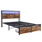 Metal Double Bed with LED Light Strip, 4 Drawers, and 3 USB Ports, Ideal for Home and Bedroom Furniture, 207.5x135x105 cm, Black + Dark Walnut