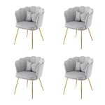 Ensemble de 4 Chaises de Salle à Manger et Salon en Velours avec Dossier en Pétale, Pieds Métalliques Dorés et Coussins en Papillon, 63x58x77 cm, Gris