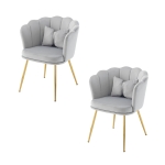 Ensemble de 2 Fauteuils de Bureau en Velours avec Dossier en Pétale, Pieds Métalliques Dorés et Coussins Papillon, 63x58x77 cm, Gris