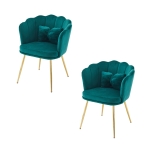 Ensemble de 2 Chaises de Bureau en Velours avec Dossier en Pétale, Pieds Métalliques Dorés et Coussins Papillon, 63x58x77 cm, Vert