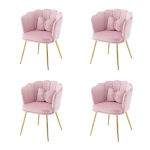 Ensemble de 4 chaises de salle à manger rembourrées en velours avec dossier en forme de pétale, pieds métalliques dorés et coussins papillon, Rose