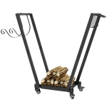 Outsunny Stojak na Drewno Kominkowe, Trapezowy Design, Metal Malowany Proszkowo, Mobilny z Kółkami, 79 x 30 x 81 cm, Czarny