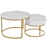 Round Nesting Coffee Tables with Drawer, Set of 2 Tables with Storage, Gold Metal Frame and Marble Pattern Top for Living Room, Bedroom, Office, White