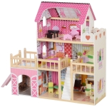 AIYAPLAY Poppenhuis, 3 Verdiepingen, 13 Meubelstukken, Garage, Glijbanen & Balkon, 114 x 32 x 92 cm, Roze