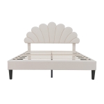 Double Upholstered Velvet Bed Frame with Adjustable Petal Headboard, Solid Wood Slat, No Box Spring Needed, Easy Assembly, Beige