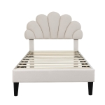 3FT Single Upholstered Velvet Bed Frame with Adjustable Petal Headboard, No Box Spring Needed, Easy Assembly, 194L x 107W x 107H cm, Beige