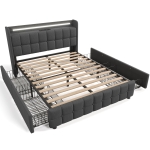 Lit Double avec Tête de Lit USB et Éclairage LED, 4 Tiroirs, Structure en Bois, Tête de Lit Double, Lit Double avec Rangement, 140x200 cm,Gris