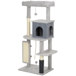 PawHut 132 cm Kattenboom met Krabpalen, Bed, Huisje, Springplatforms, Verzorgingsborstel, Lichtgrijs