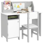 HOMCOM Conjunto de Mesa e Cadeira Infantil de Madeira com Quadro Branco Mesa de Estudo para Crianças acima de 5 Anos 90x45x85cm Cinza