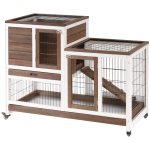 PawHut Coelheira de Madeira com Rodas Gaiola para Coelhos de 2 Pisos com Rampa e 2 Bandejas Removíveis 110x50x86cm Marrom