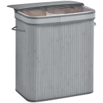 HOMCOM 100 L Bamboe Wasmand, met Deksel en Uitneembaar Futter, Opvouwbare Kledingmand, Waterafstotend, Grijs