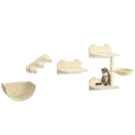 PawHut 4PCs Wall-Mounted Cat Shelves w/ Scratching Post, Hammock, Nest - Beige