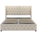 Cama tapizada con cajón hidráulico y somier, sin colchón, 140×200 cm, Beige