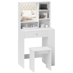 HOMCOM Set Masă de Toaletă cu Scaun, Stație de Machiaj cu Sertar, Oglindă și Rafturi din Lemn, 70x40x137 cm, Alb