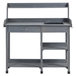 Outsunny Pflanztisch mit vielen Einrichtungen, Gartentisch mit Schublade, 3 Regalen, Spülbecken, 3 Haken - Holz-Pflanztisch aus vorgeölter Tanne in Grau