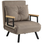 HOMCOM Fauteuil convertible 4 en 1 lit 1 place dossier 5 positions, accoudoirs en bois et coussin, tissu effet velours, marron