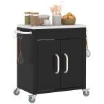 HOMCOM Black Metal Kitchen Island on Wheels, Rolling Trolley Catr with Stainless Top and Hooks