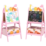 AIYAPLAY Cavalete para Crianças 2 em 1 Arsósia Infantil com Dupla Face 2 Caixas de Arrumação com Estampa em Animais 49x53,5x113 cm Rosa
