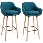 HOMCOM Scandinavian Design Bar Stools - Set of 2 Bar Stools with High Comfort, Footrests, and Armrests - Solid Wood Blue Linen