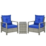 Outsunny 3 Pieces Rattan Bistro Set, Wicker Garden Furniture Set with Storage Coffee Table and Chairs, Thickened Cushions for Outdoor, Patio, Balcony, Blue