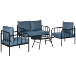 Outsunny Ensemble salon de jardin 4 pièces canapé 2 places + 2 fauteuils + table basse plateau verre trempé grand confort 4 coussins rembourrage épais déhoussables métal bleu foncé et noir
