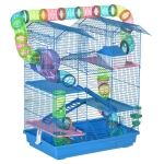 PawHut Jaula para Hámster de Múltiples Niveles con Tubos Plataformas Comedero Bebedero Casita Rueda Escaleras 47x30x59 cm Azul